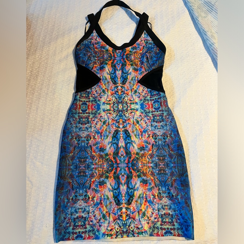 Festival dress by F21 Scuba material. Ray of Light/ psychedelic pattern!